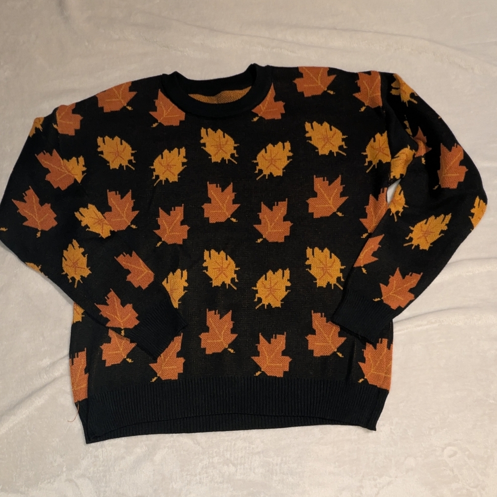 Kiel James Patrick Black and Orange Leaf Sweater